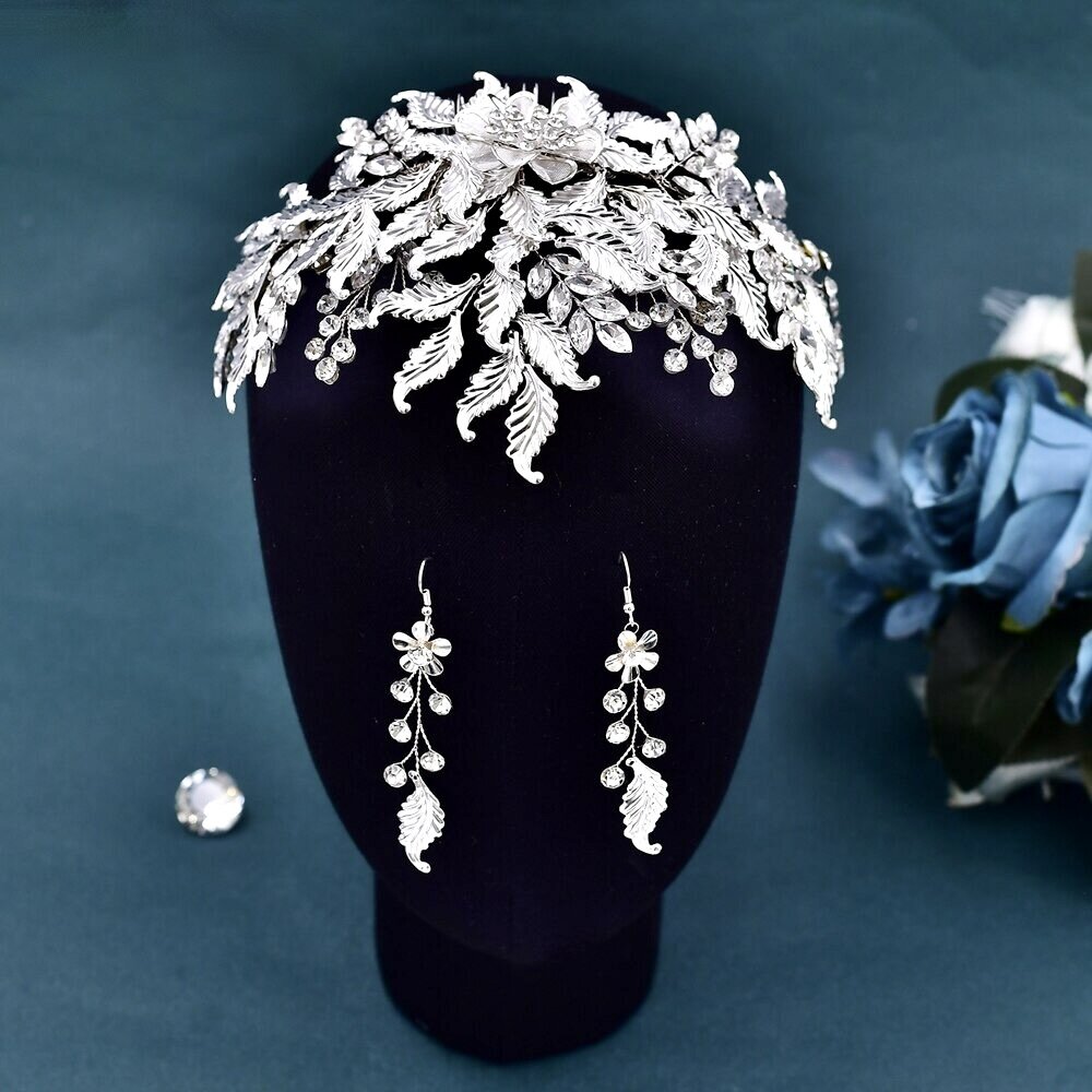 Berry - Silver Crystal Bridal Headdress and Earrings Set