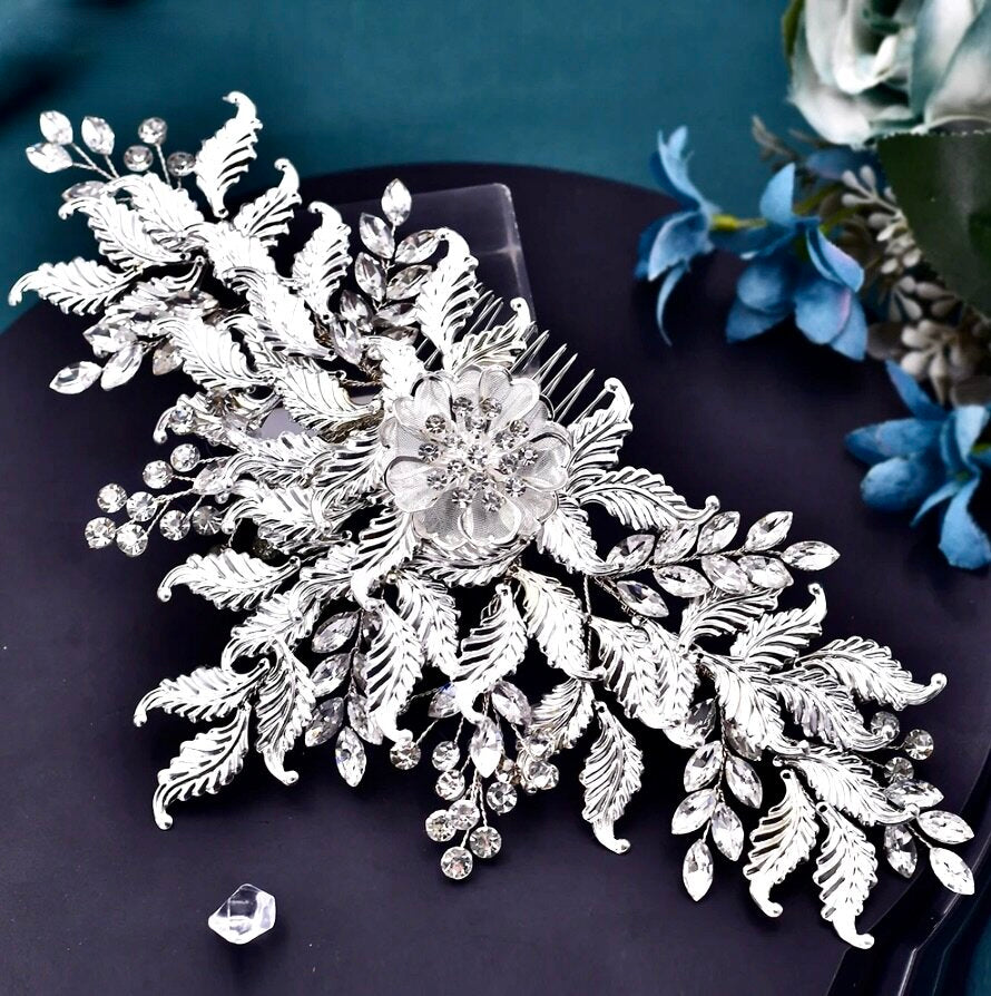 Berry - Silver Crystal Bridal Headdress and Earrings Set