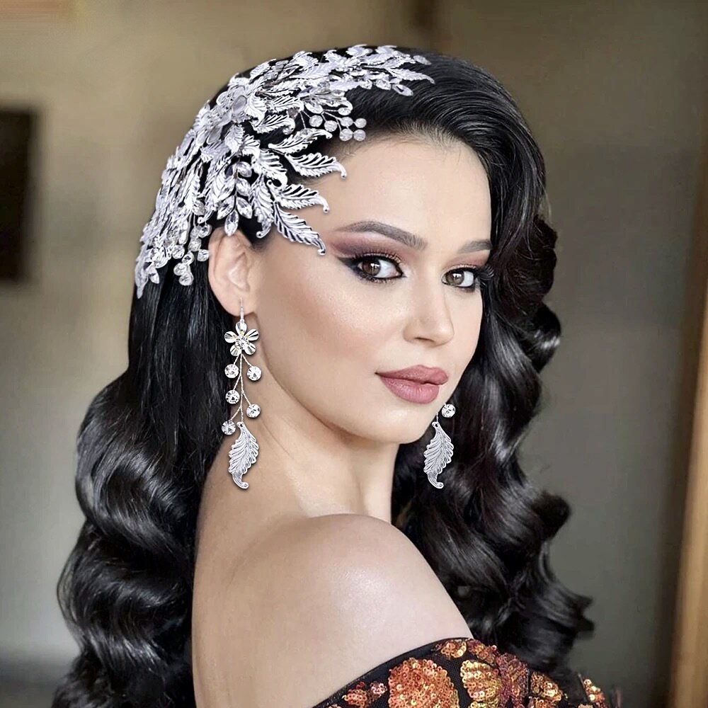 Berry - Silver Crystal Bridal Headdress and Earrings Set