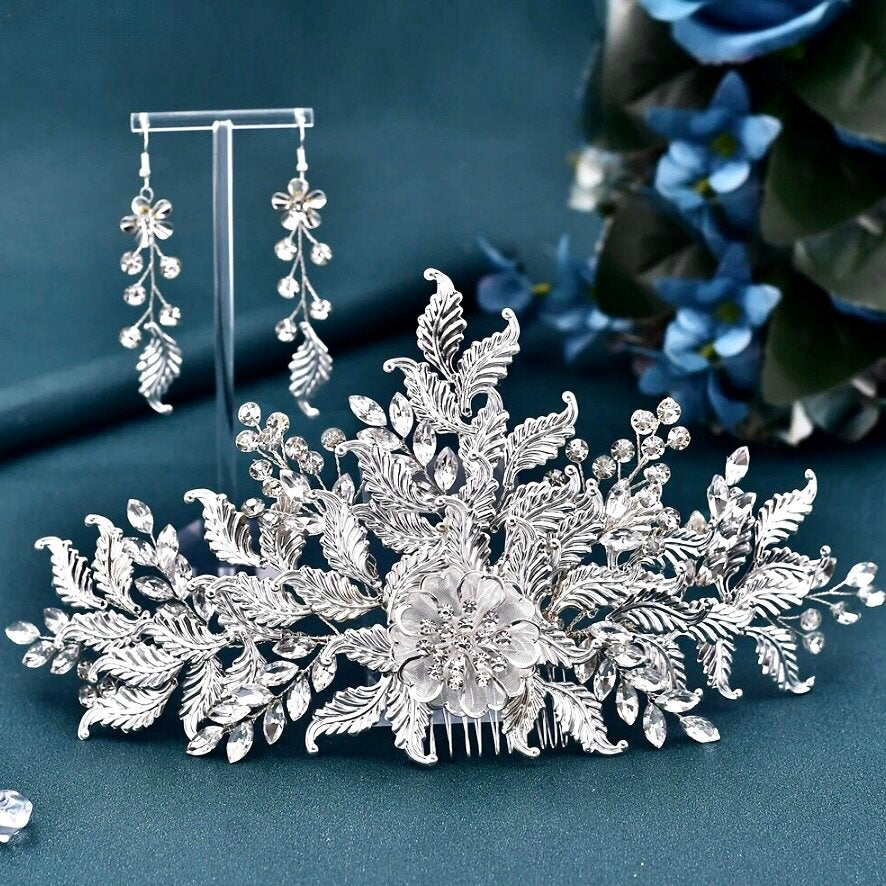 Berry - Silver Crystal Bridal Headdress and Earrings Set