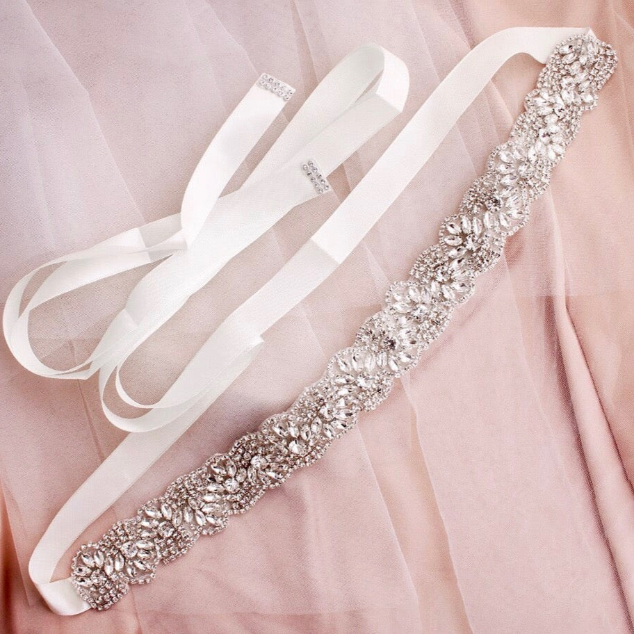 Portia - Silver Crystal Bridal Belt/Sash