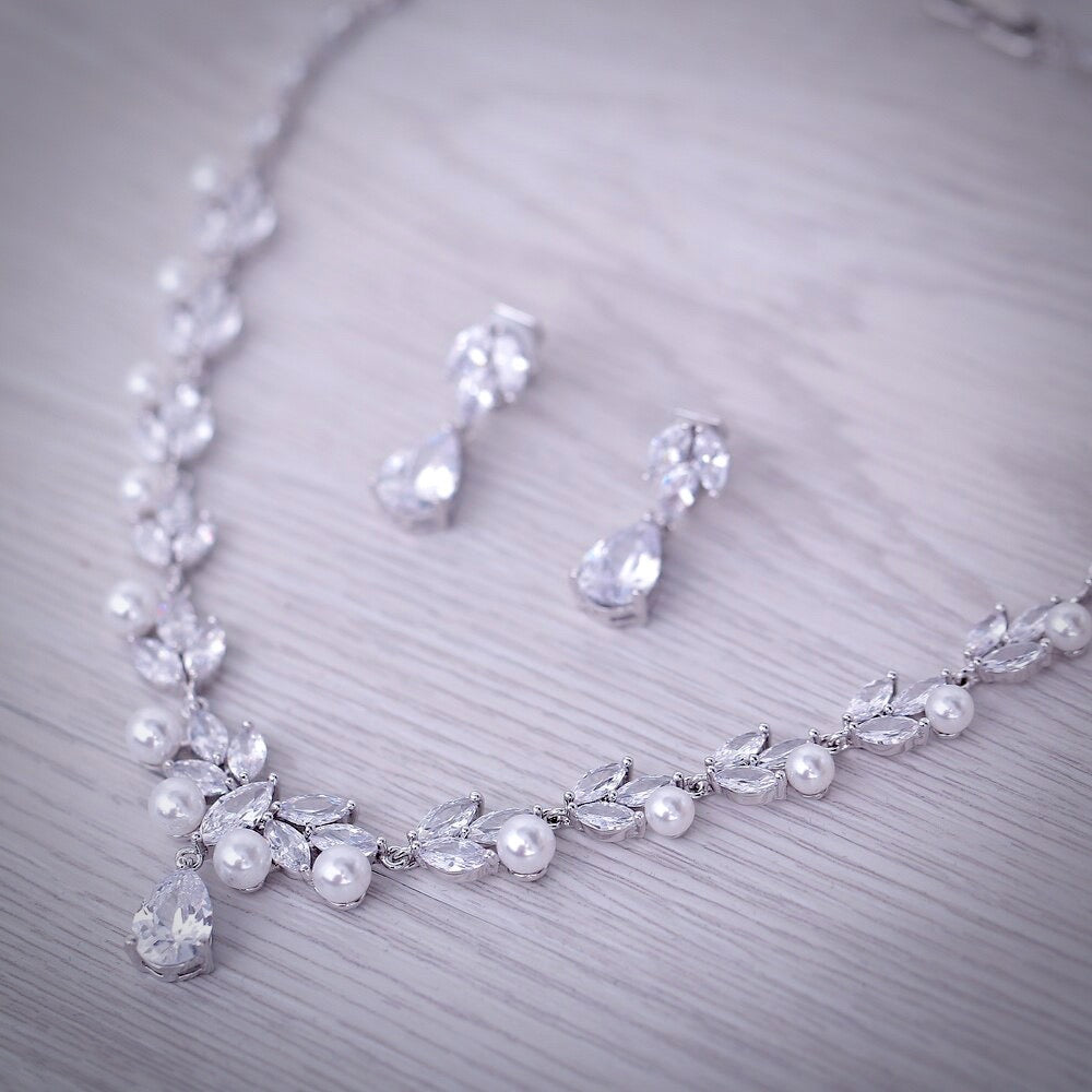Irene - Silver Cubic Zirconia and Pearl 3-Piece Bridal Jewelry Set With Tiara