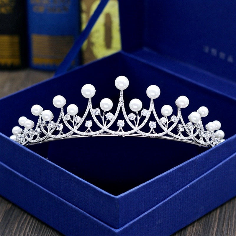Irene - Silver Cubic Zirconia and Pearl 3-Piece Bridal Jewelry Set With Tiara