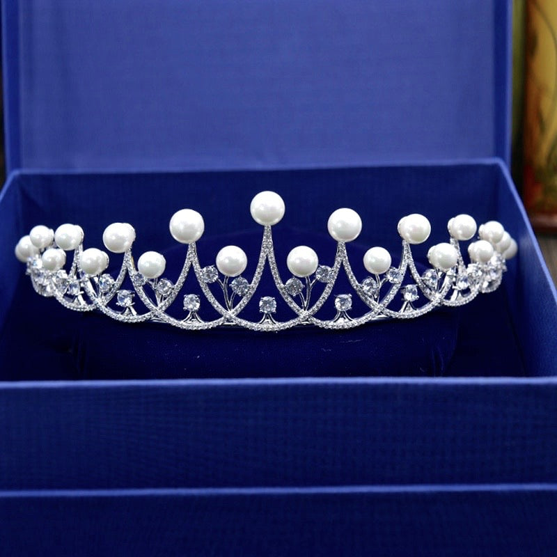 Irene - Silver Cubic Zirconia and Pearl 3-Piece Bridal Jewelry Set With Tiara
