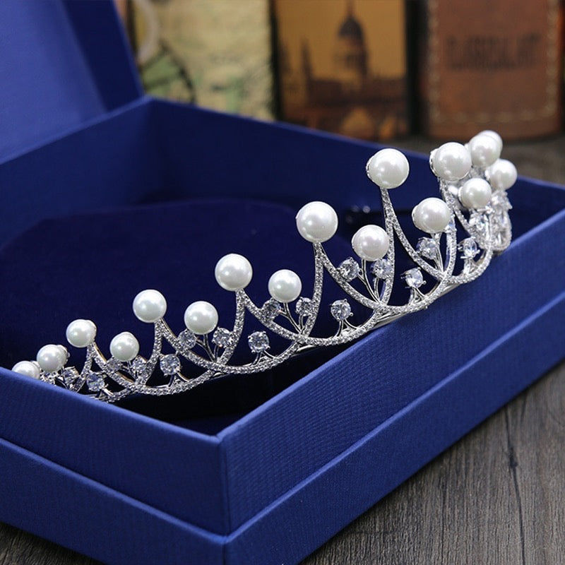 Irene - Silver Cubic Zirconia and Pearl 3-Piece Bridal Jewelry Set With Tiara