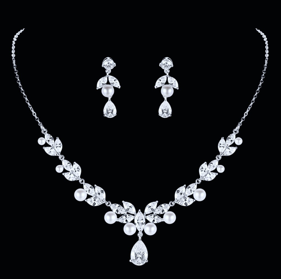 Irene - Silver Cubic Zirconia and Pearl 3-Piece Bridal Jewelry Set With Tiara