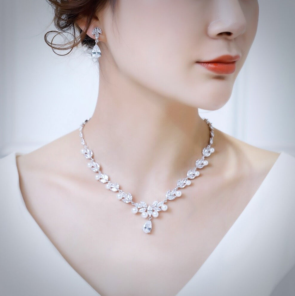 Irene - Silver Cubic Zirconia and Pearl 3-Piece Bridal Jewelry Set With Tiara