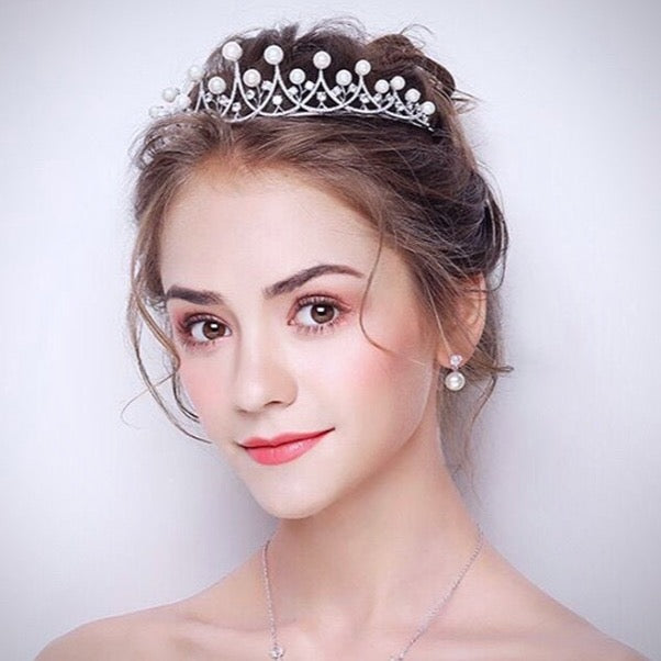 Irene - Silver Cubic Zirconia and Pearl 3-Piece Bridal Jewelry Set With Tiara