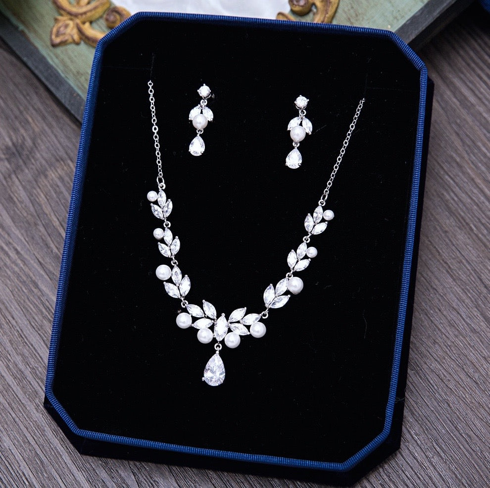 Irene - Silver Cubic Zirconia and Pearl 3-Piece Bridal Jewelry Set With Tiara