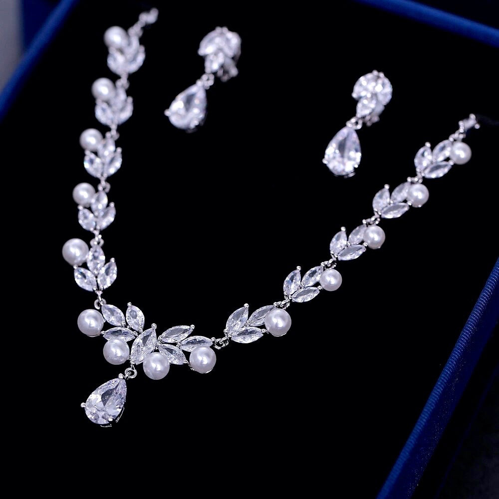 Irene - Silver Cubic Zirconia and Pearl 3-Piece Bridal Jewelry Set With Tiara