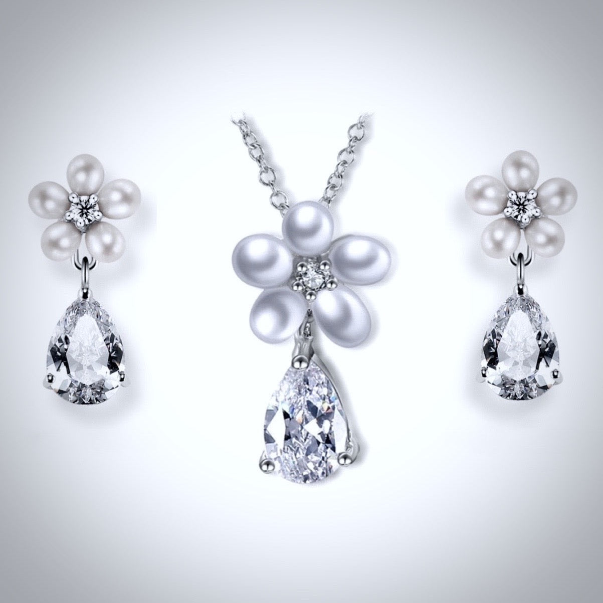 "Beverly" - Pearl and Cubic Zirconia Bridal Necklace and Earrings Set