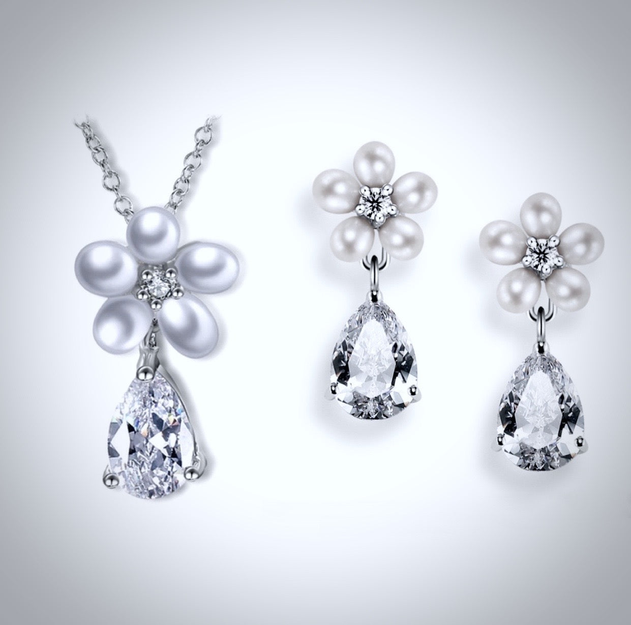 "Beverly" - Pearl and Cubic Zirconia Bridal Necklace and Earrings Set
