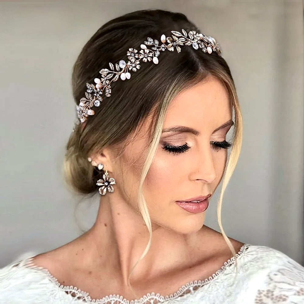 Avalon - Vintage Gold Bridal Headband and Earrings Set