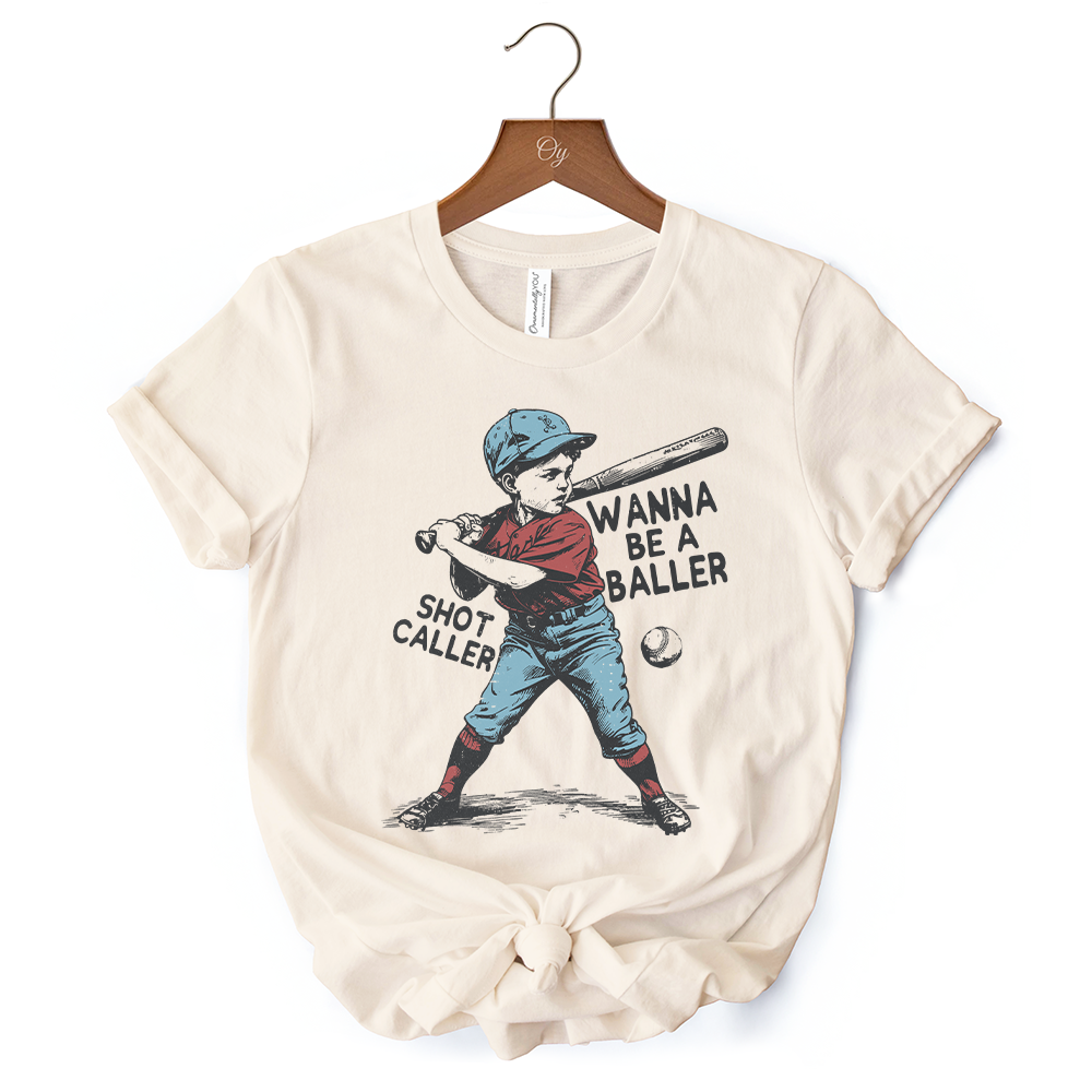 Baseball Retro T-Shirt Wanna Be a Baller, Vintage White and Natural Tee
