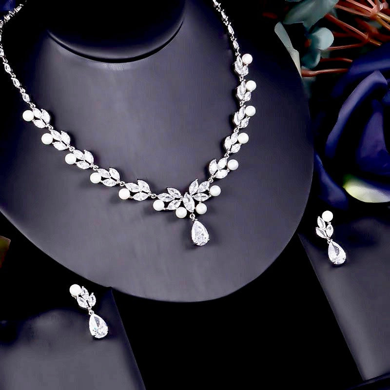 Tamron - Pearl and Cubic Zirconia Bridal Necklace and Earrings Set