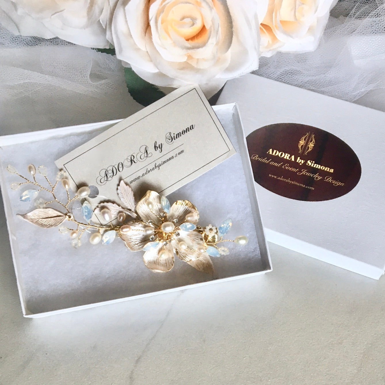 Holly - Gold Pearl and Opal Bridal Hair Clip