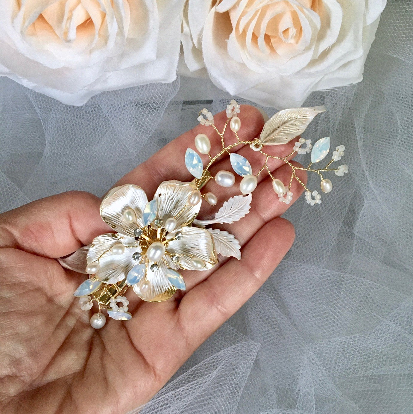 Holly - Gold Pearl and Opal Bridal Hair Clip