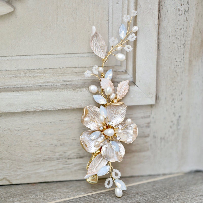 Holly - Gold Pearl and Opal Bridal Hair Clip