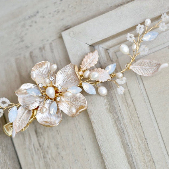 Holly - Gold Pearl and Opal Bridal Hair Clip