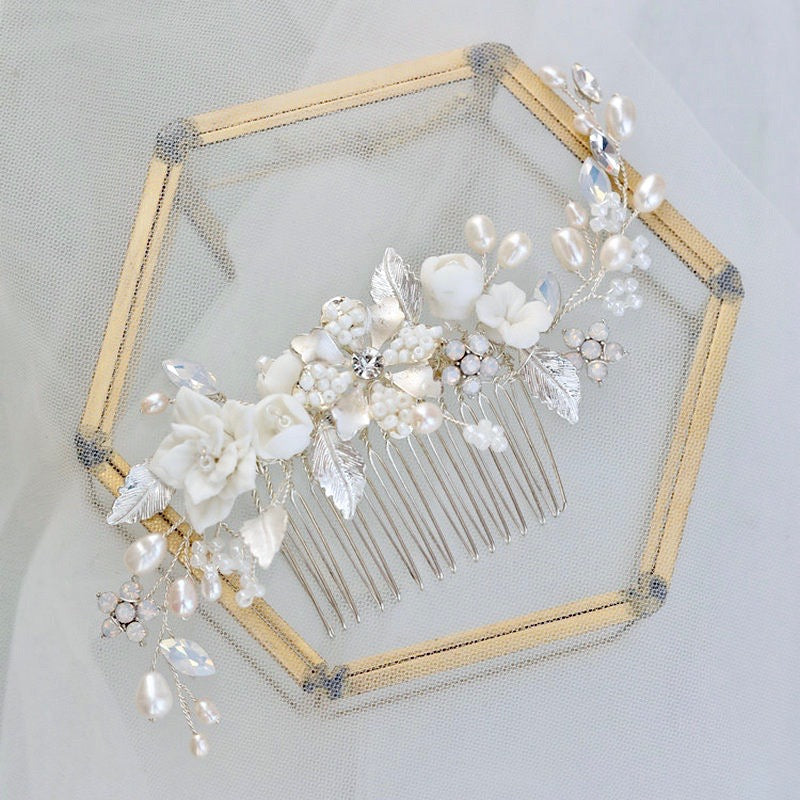 Penelope - Ceramic Flowers, Pearls and Opal Bridal Hair Comb
