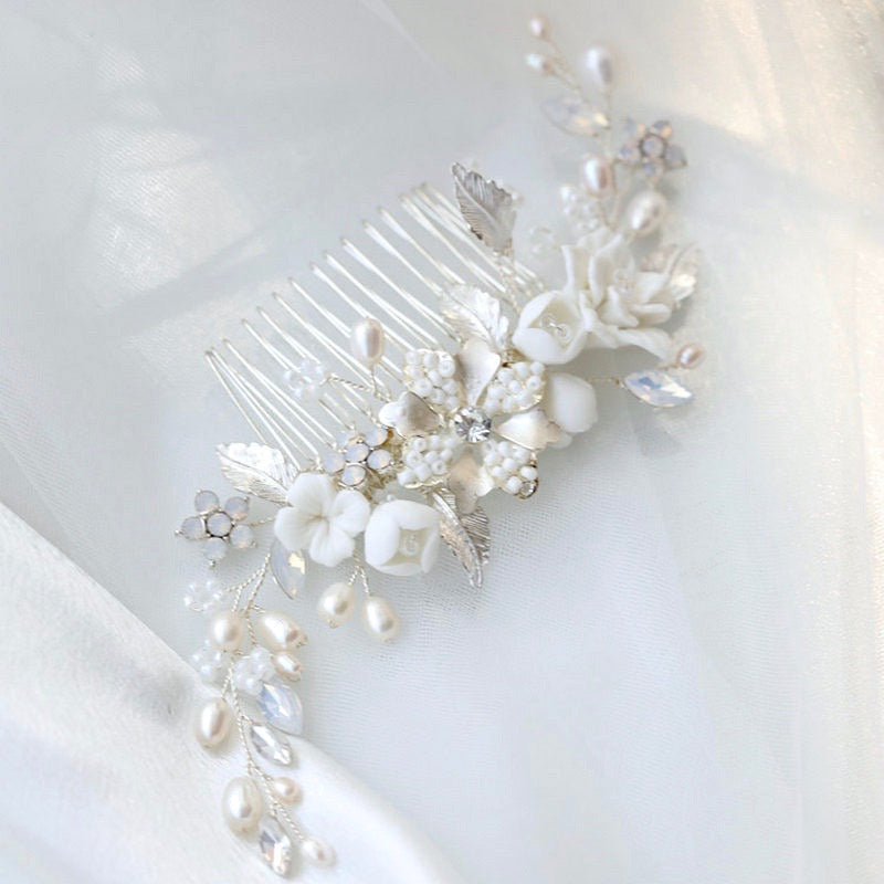 Penelope - Ceramic Flowers, Pearls and Opal Bridal Hair Comb