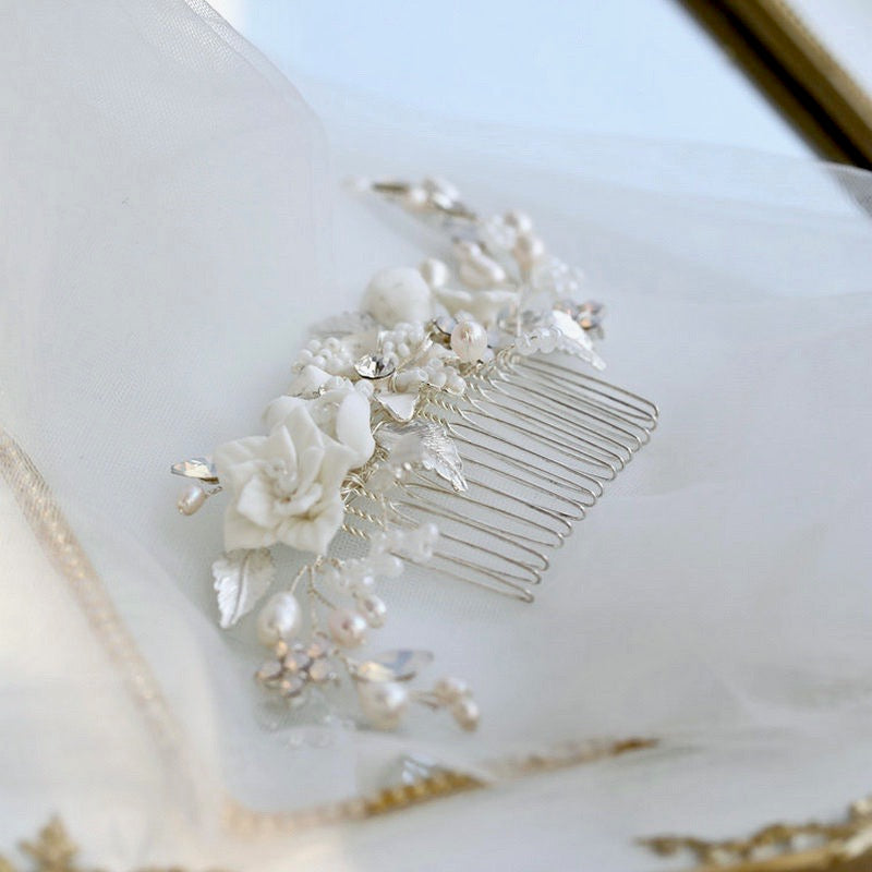 Penelope - Ceramic Flowers, Pearls and Opal Bridal Hair Comb