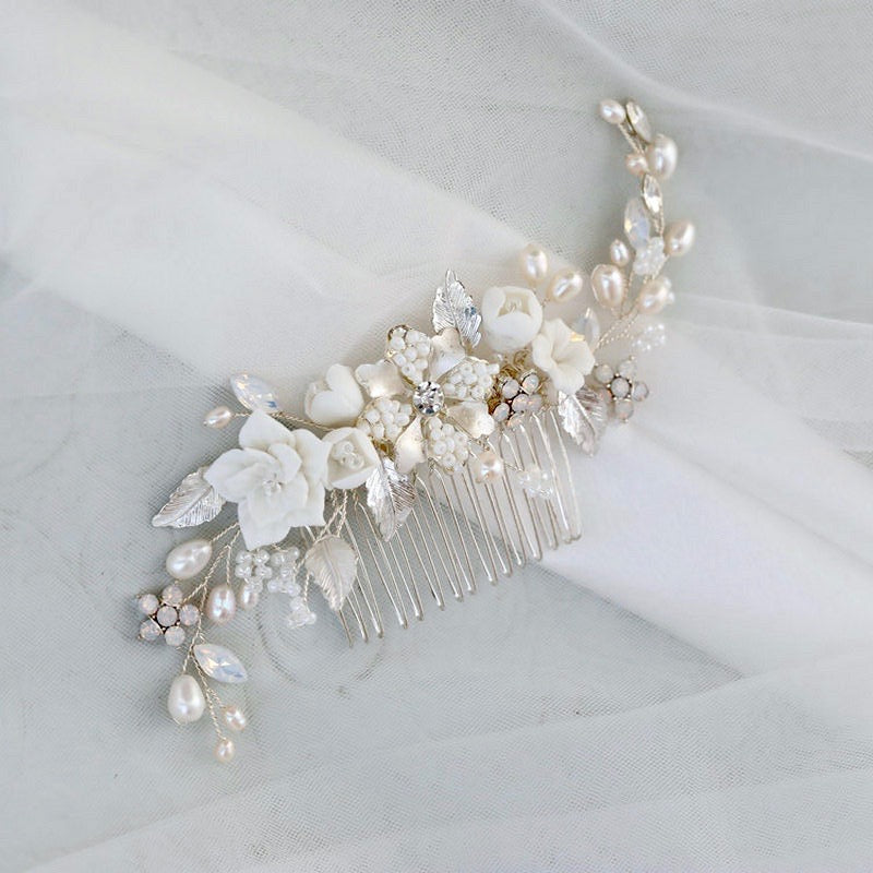 Penelope - Ceramic Flowers, Pearls and Opal Bridal Hair Comb