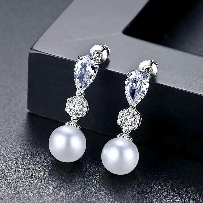 Marissa - Pearl and Cubic Zirconia Bridal Earrings