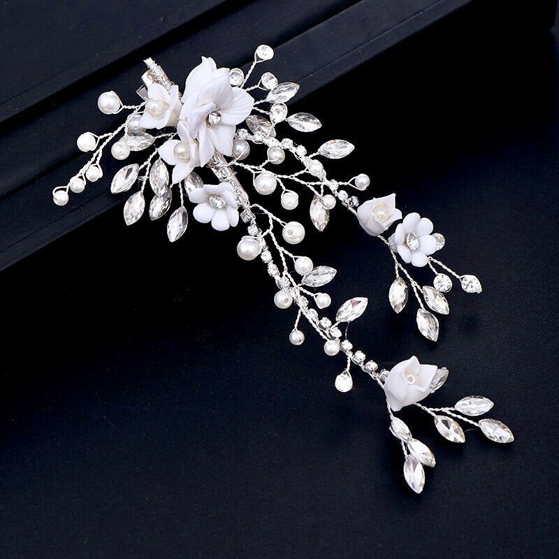 Maisie - Ceramic Flowers, Pearl and Crystal Bridal Hair Clip/Vine