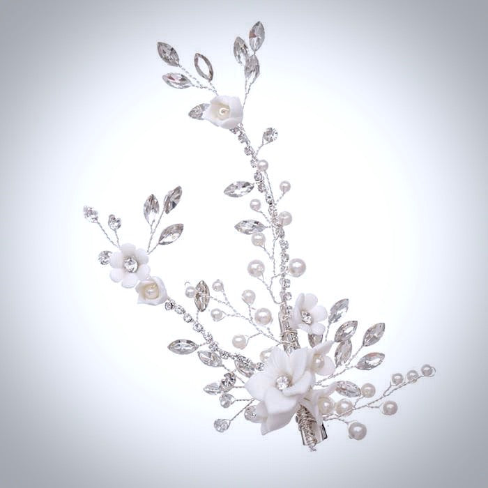 Maisie - Ceramic Flowers, Pearl and Crystal Bridal Hair Clip/Vine