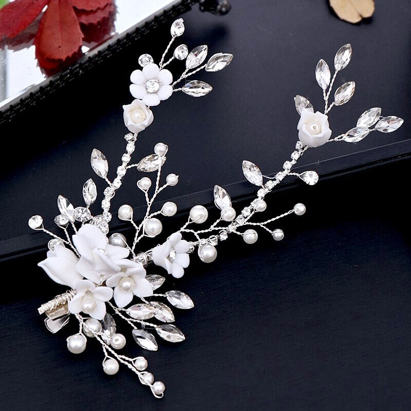 Maisie - Ceramic Flowers, Pearl and Crystal Bridal Hair Clip/Vine