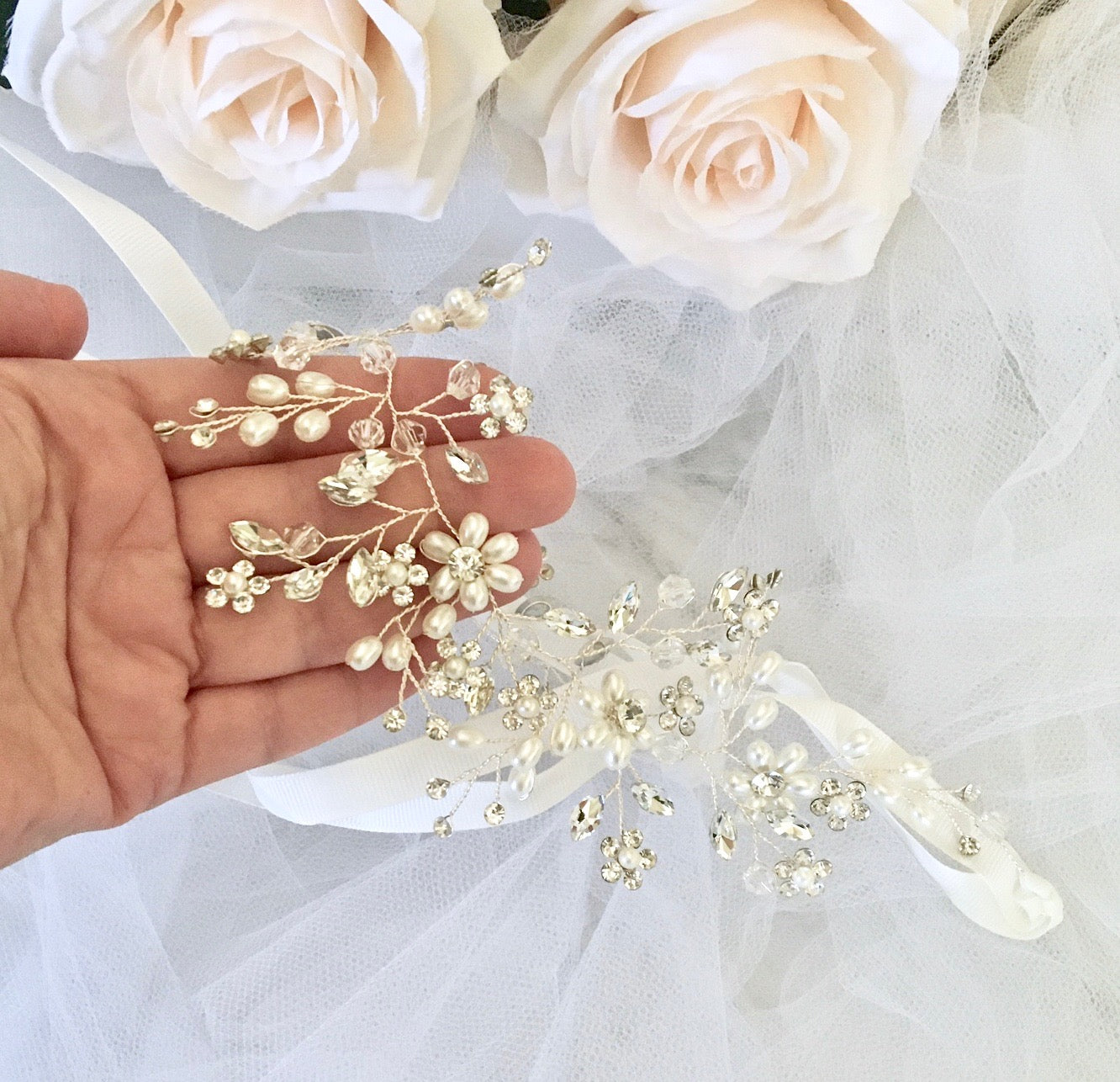"Tivoli" - Silver Pearl and Crystal Bridal Headband / Hair Vine