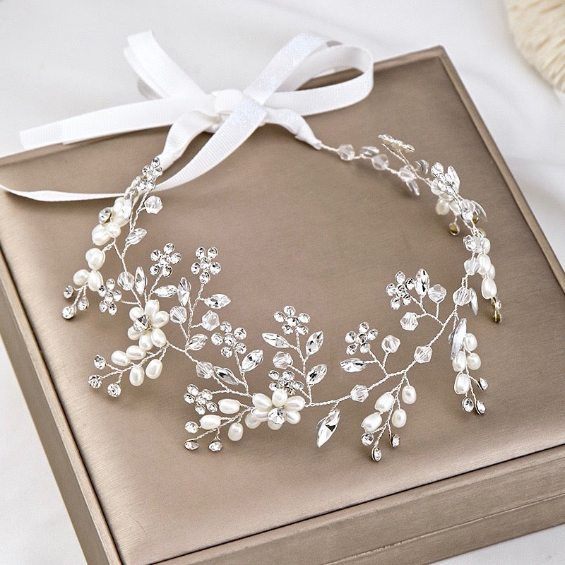 "Tivoli" - Silver Pearl and Crystal Bridal Headband / Hair Vine