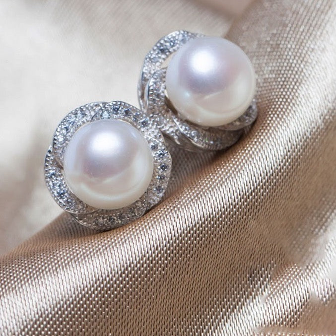 "Marcella" - Sterling Silver Natural Pearl and Cubic Zirconia Bridal Jewelry Set