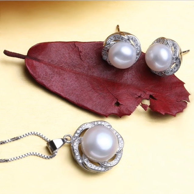 "Marcella" - Sterling Silver Natural Pearl and Cubic Zirconia Bridal Jewelry Set