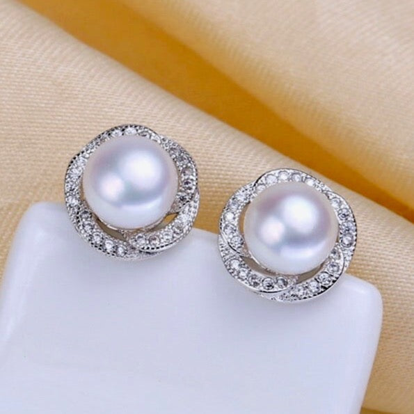 "Marcella" - Sterling Silver Natural Pearl and Cubic Zirconia Bridal Jewelry Set