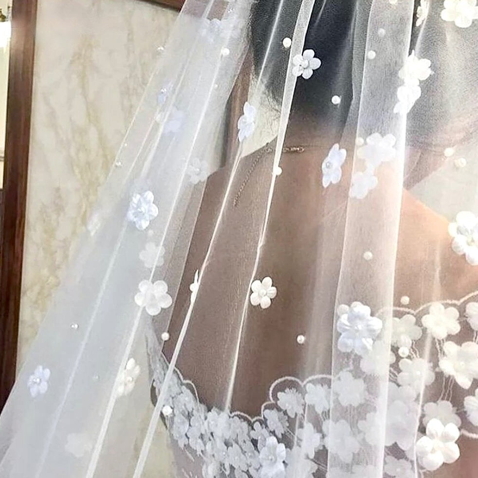 Tasia - Wedding Pearl and 3D Flowers Veil - Cathedral Length