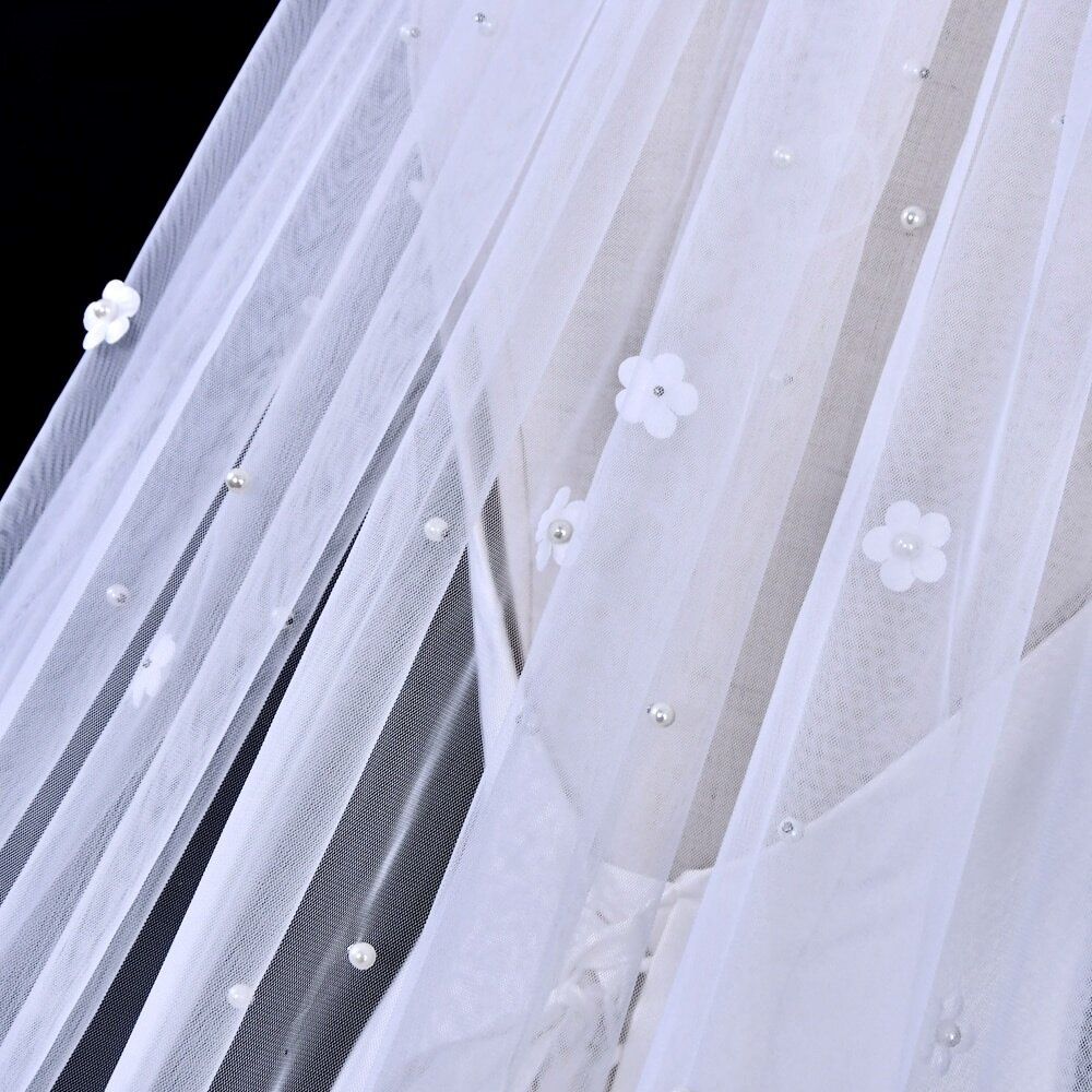 Tasia - Wedding Pearl and 3D Flowers Veil - Cathedral Length