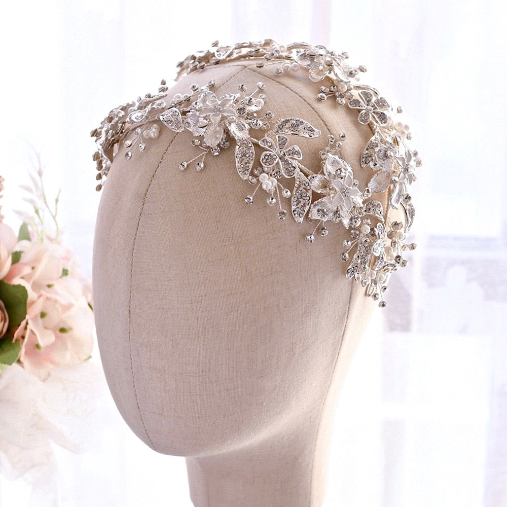 "Elody" - Silver Pearl and Crystal Bridal Double Headband/Vine