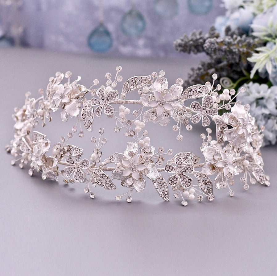 "Elody" - Silver Pearl and Crystal Bridal Double Headband/Vine