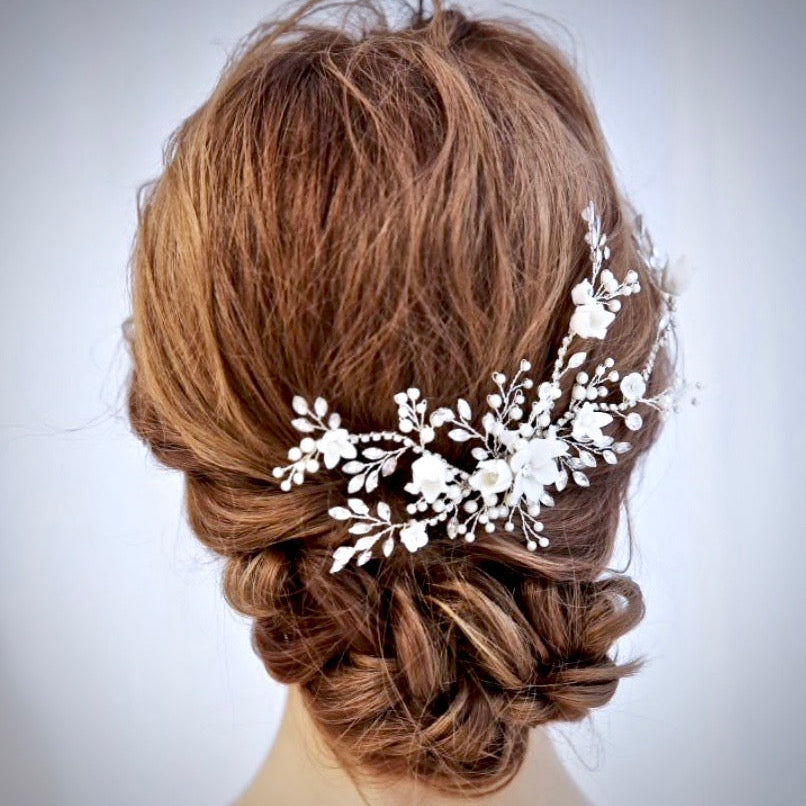 Dayna - Silver Pearl and Crystal Bridal Hair Comb/Vine
