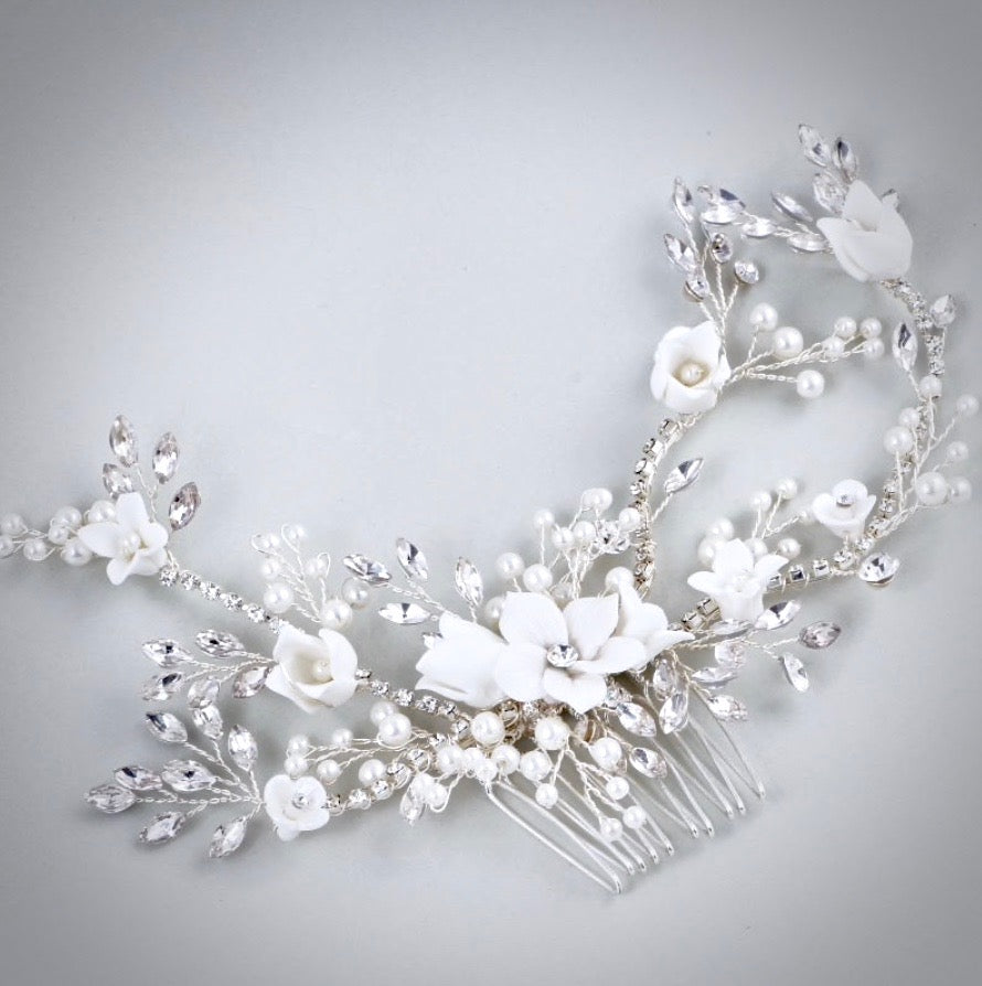 Dayna - Silver Pearl and Crystal Bridal Hair Comb/Vine