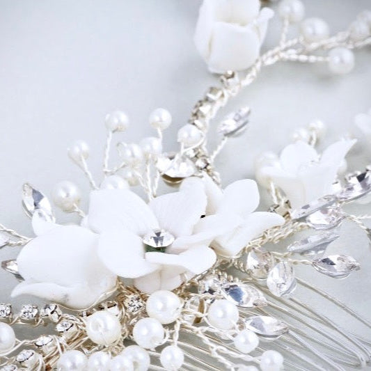 Dayna - Silver Pearl and Crystal Bridal Hair Comb/Vine