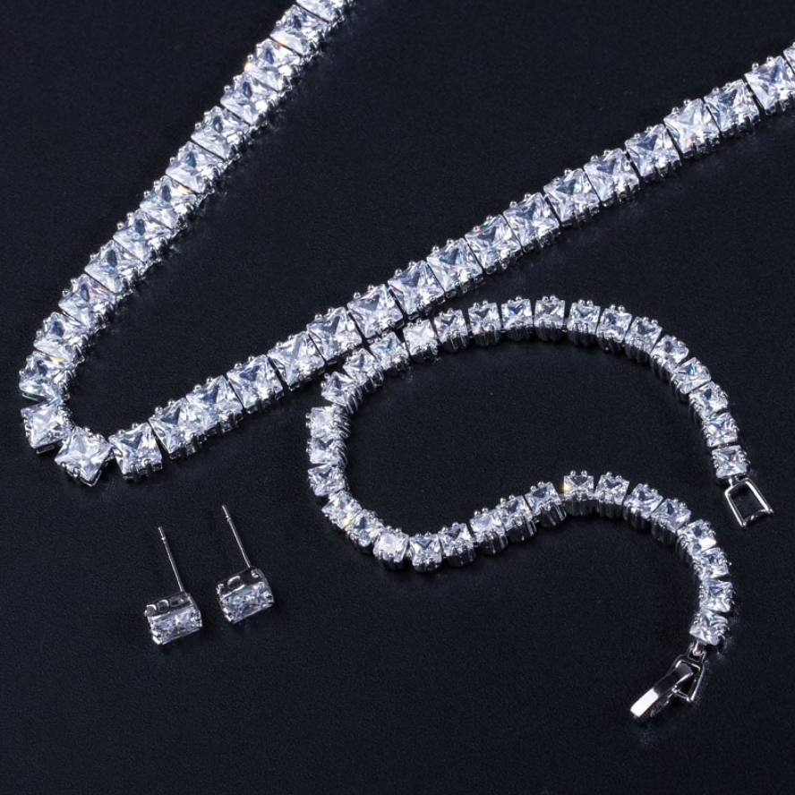 Tasha - Silver Cubic Zirconia Bridal Three-Piece Jewelry Set