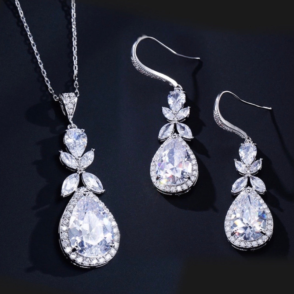 Kendra - Cubic Zirconia Bridal Backdrop Necklace Earrings Set - Available in Silver and Rose Gold