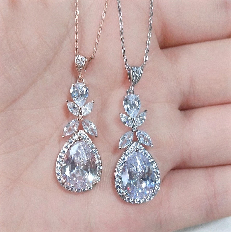 Kendra - Cubic Zirconia Bridal Backdrop Necklace Earrings Set - Available in Silver and Rose Gold