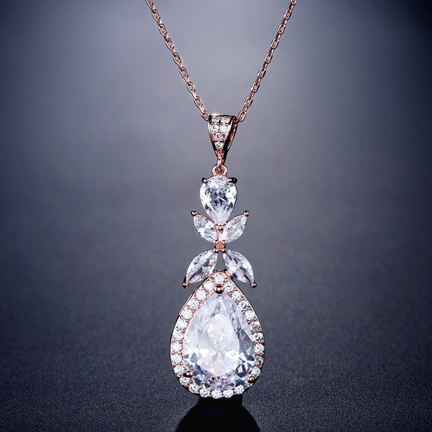 Kendra - Cubic Zirconia Bridal Backdrop Necklace Earrings Set - Available in Silver and Rose Gold