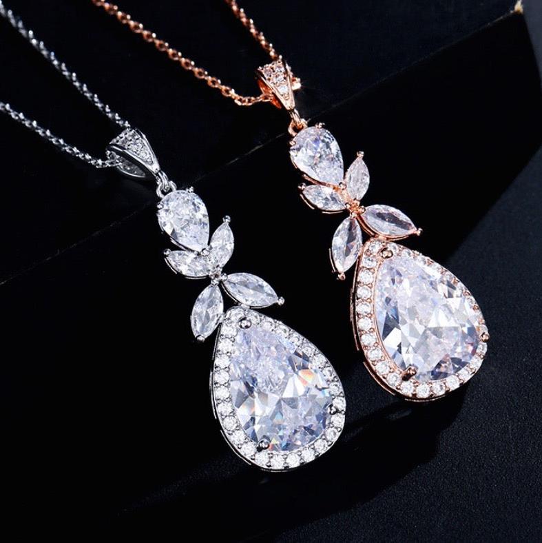 Kendra - Cubic Zirconia Bridal Backdrop Necklace Earrings Set - Available in Silver and Rose Gold