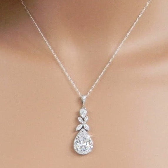 Kendra - Cubic Zirconia Bridal Backdrop Necklace Earrings Set - Available in Silver and Rose Gold
