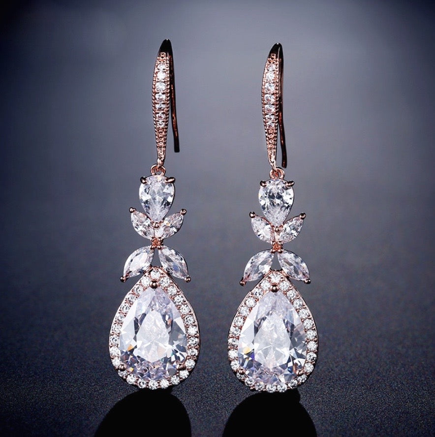 Kendra - Cubic Zirconia Bridal Backdrop Necklace Earrings Set - Available in Silver and Rose Gold